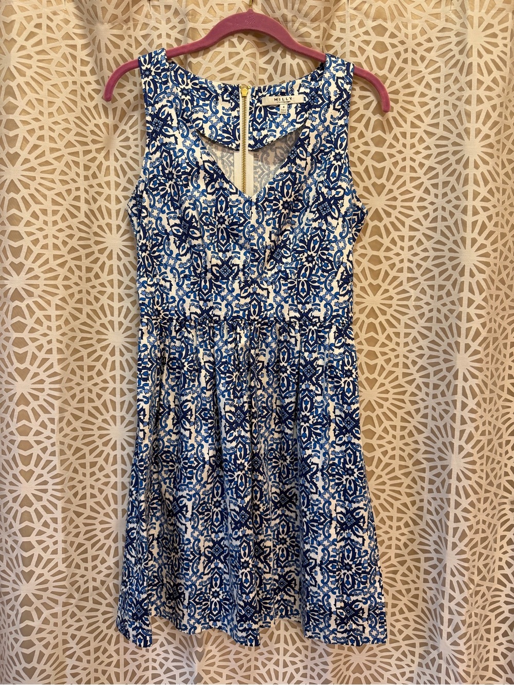 Milly Blue and White Printed Sleeveless Mini Dress